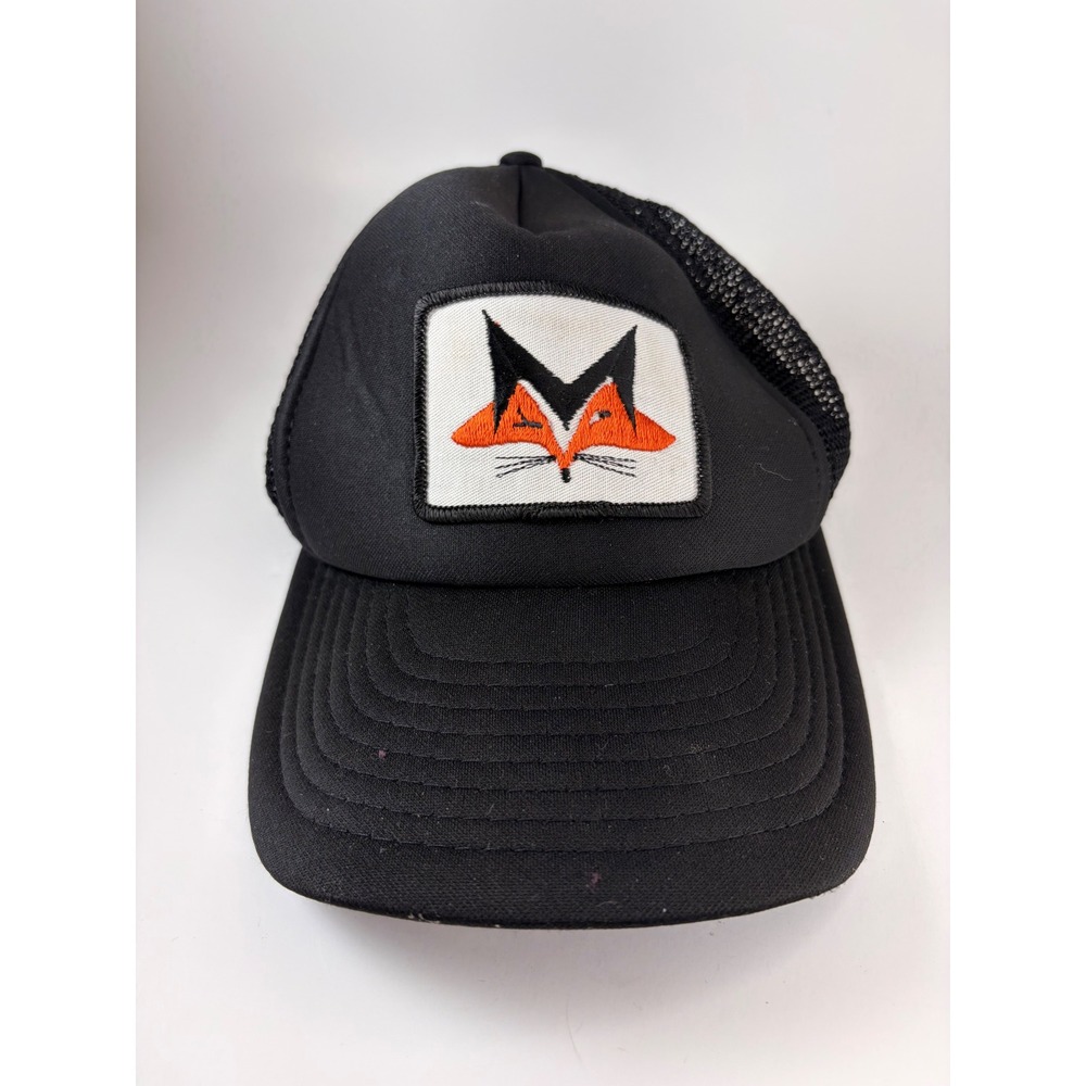 Vintage 80's Speedway Trucker Hat Black Mesh Snapback Cap with Fox Patch